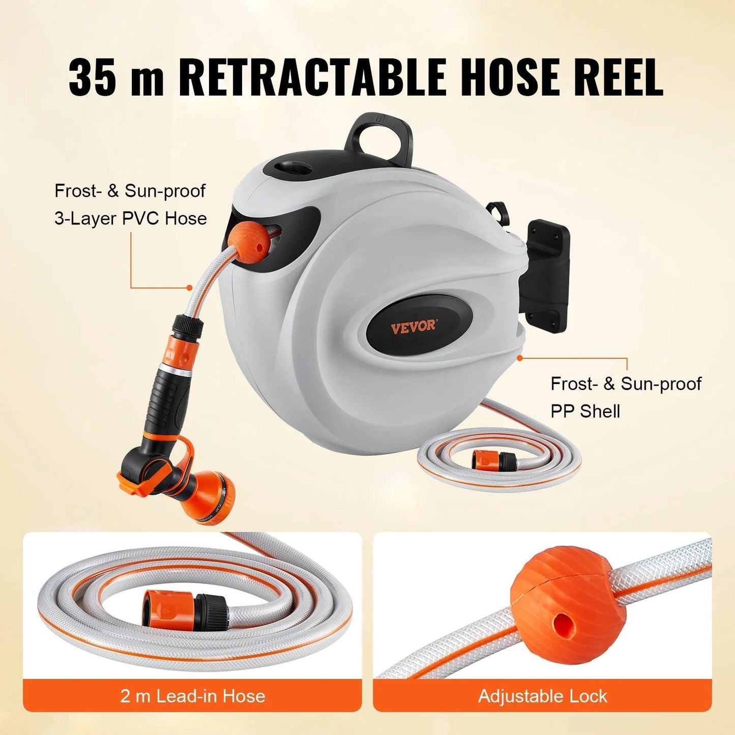 VEVOR Retractable Hose Reel1/2 inch 180° Swivel Bracket Wall-Mounted Garden Water Hose Reel with 9-Pattern Nozzle and 3 Fast - My Store